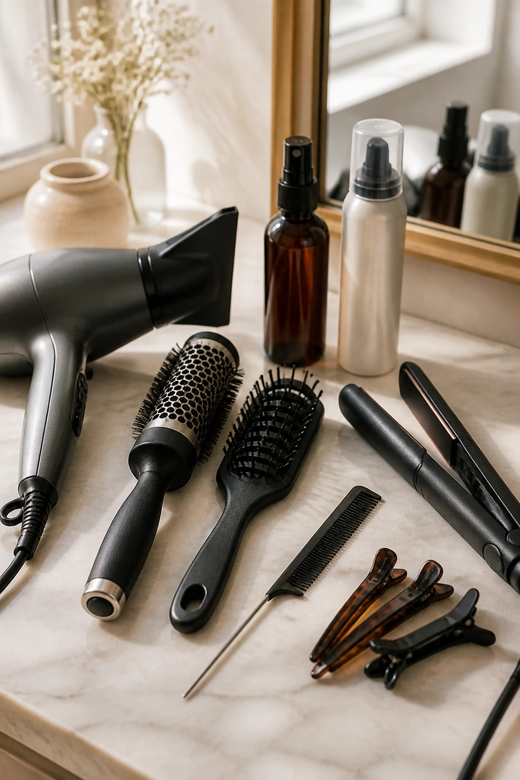Close-up of essential styling tools for curtain bangs on a vanity