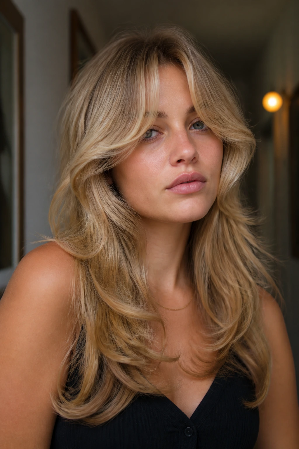 Close-up of a real person with curtain bangs and long swooping layers in natural light.
