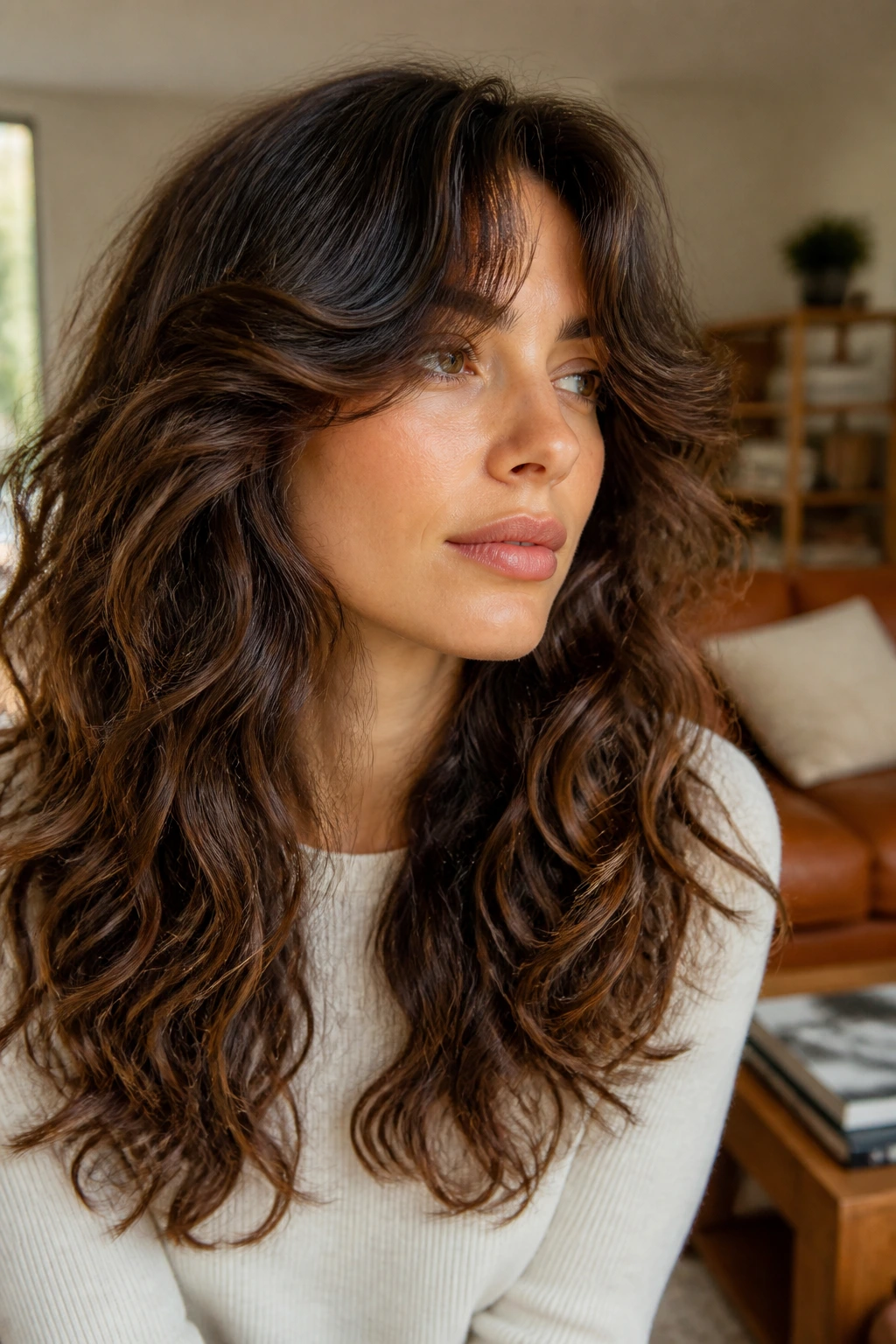 Real person with curly-first curtains or textured curtain bangs in warm home lighting