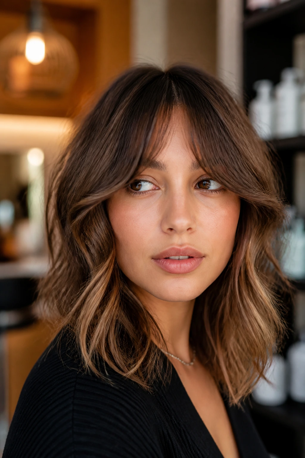 Portrait of a person with curtain bangs and textured midi hair