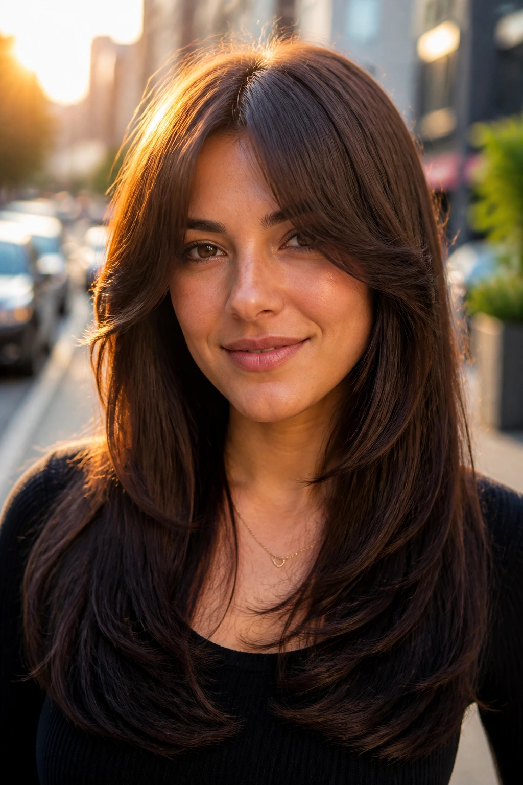 Portrait of a woman with curtain bangs on thick straight hair in city street.
