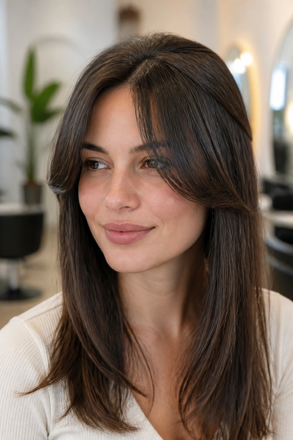 Close-up portrait of a real woman with curtain bangs in a modern salon