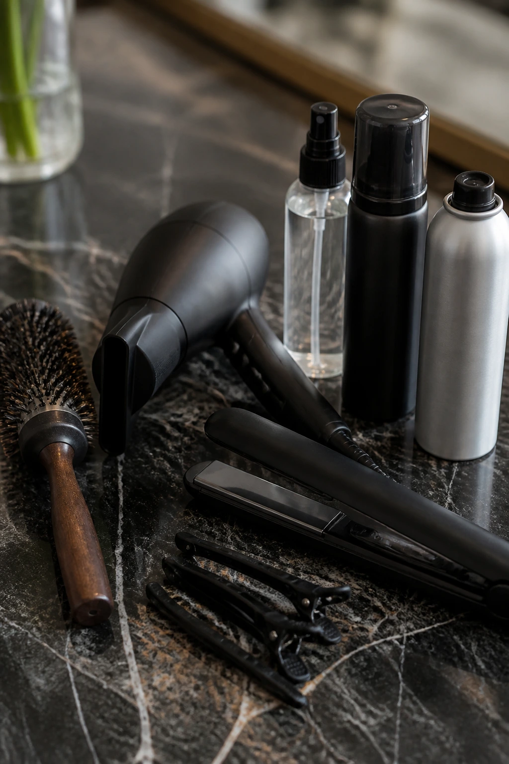 Top-down view of essential curtain bangs tools arranged on vanity.