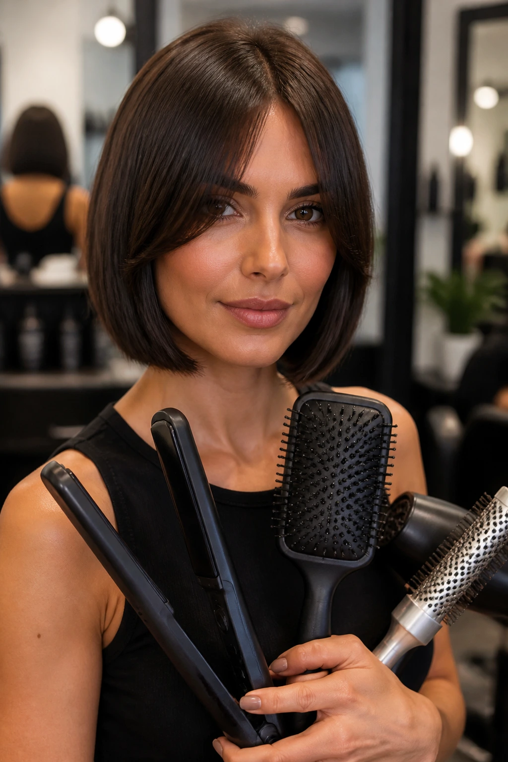 Real woman with bob and curtain bangs in a clean salon background