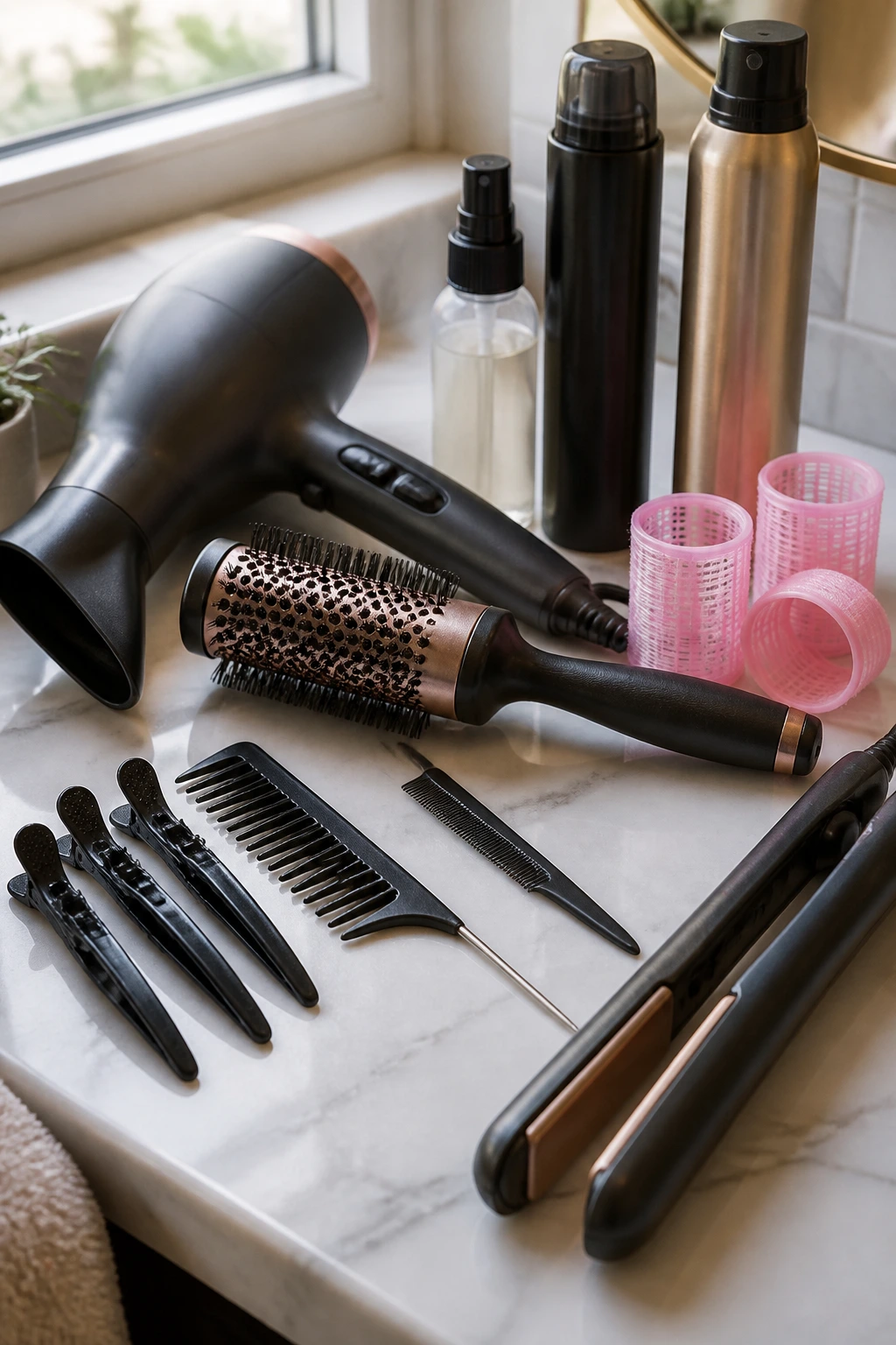 Close-up of essential curtain bangs styling tools on a bathroom counter