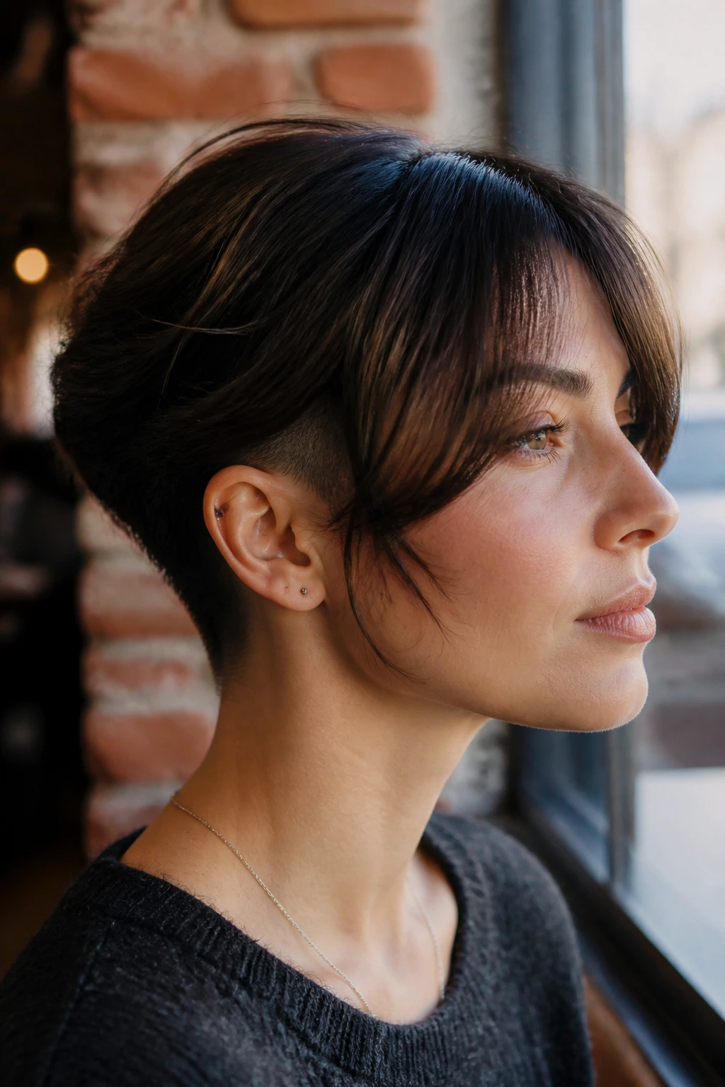 Close-up portrait of a woman with curtain bangs and hidden undercut