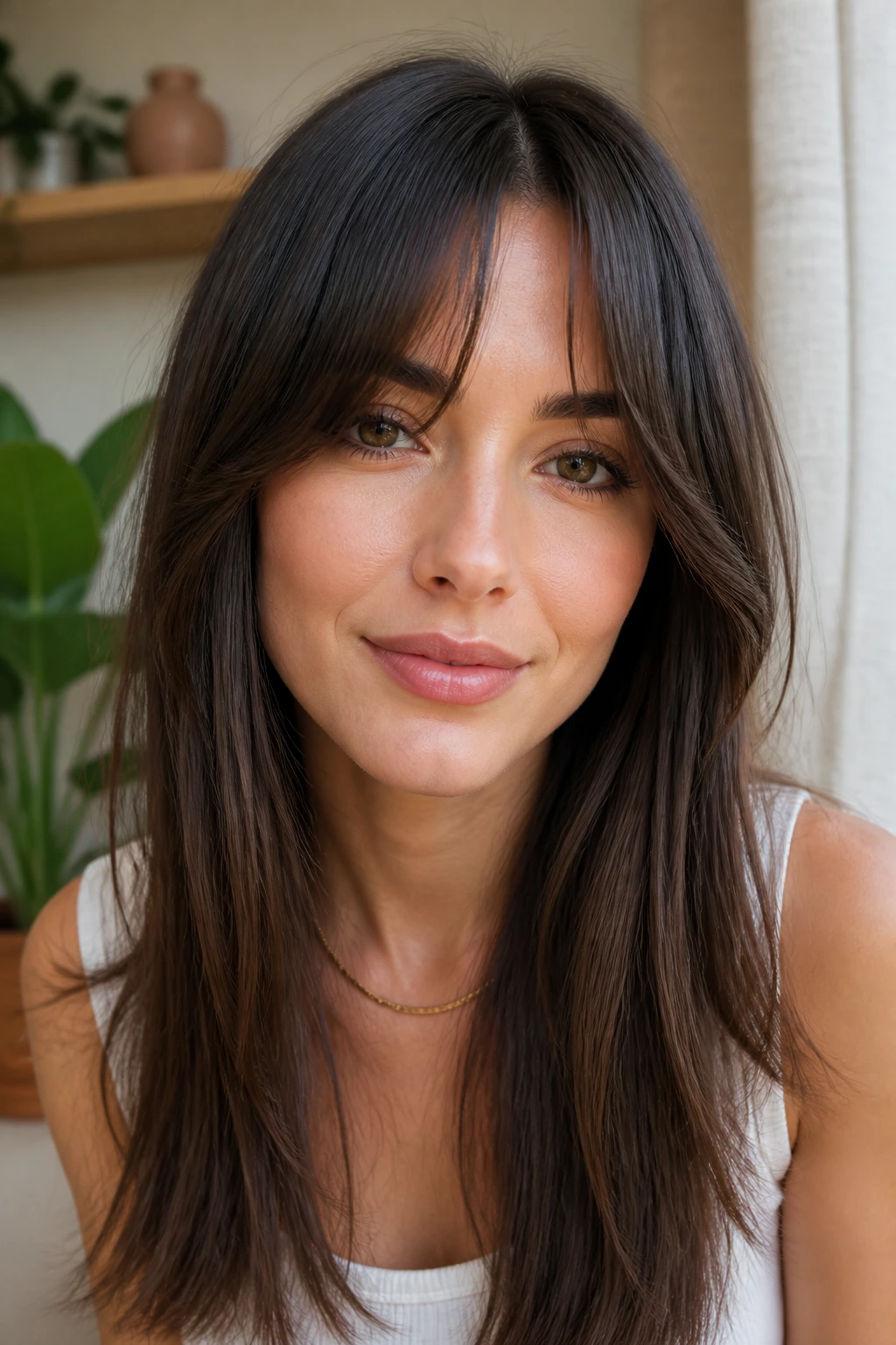 Portrait showing distinctive curtain bangs highlighting variation in length.