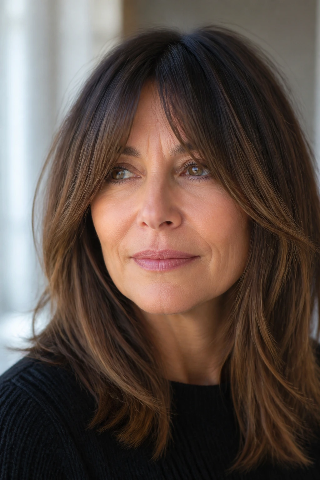 Brunette with longer curtain bangs and soft layers.