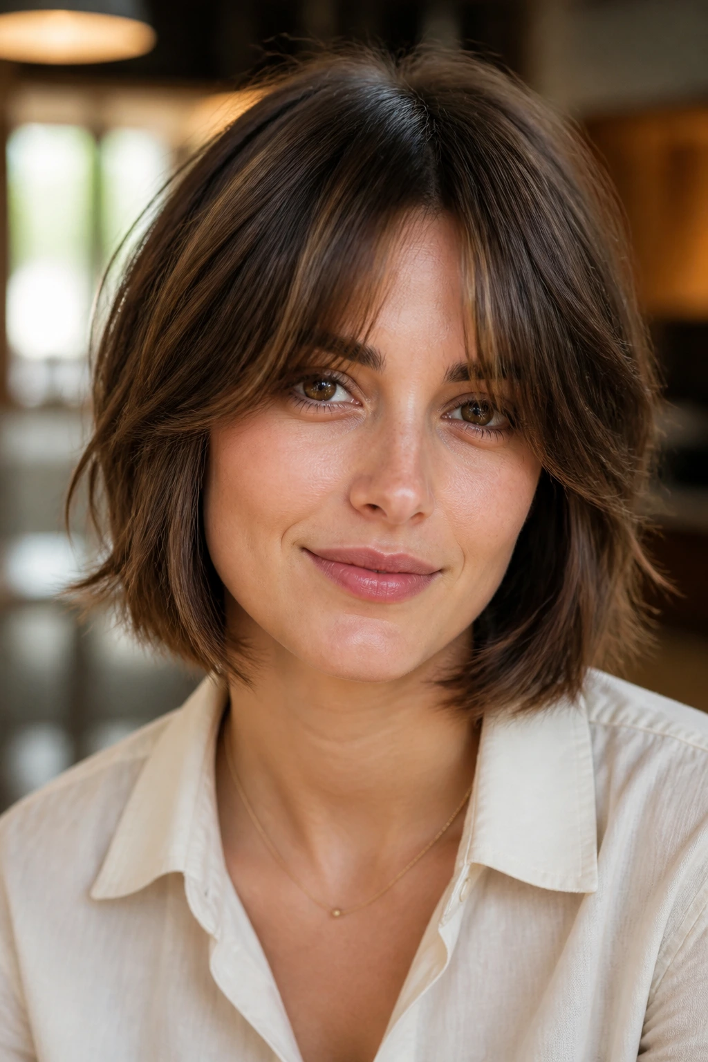Real person with curtain bangs variation showing softer fringe