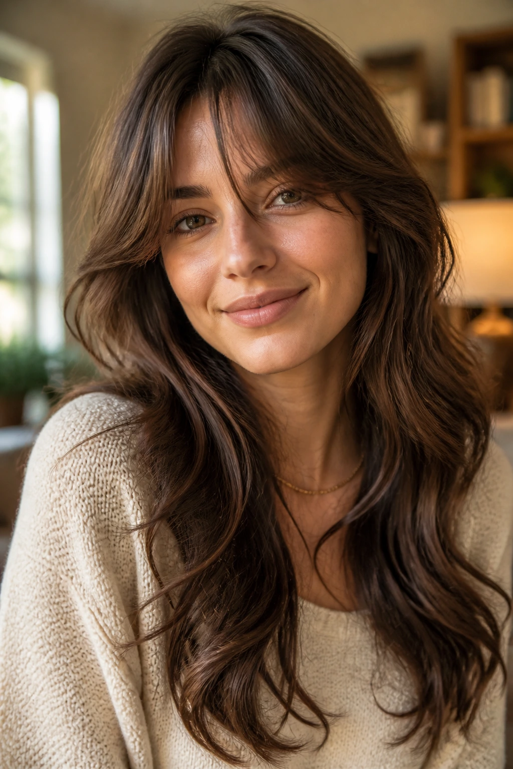 Portrait of curtain bangs styled in a versatile, soft look