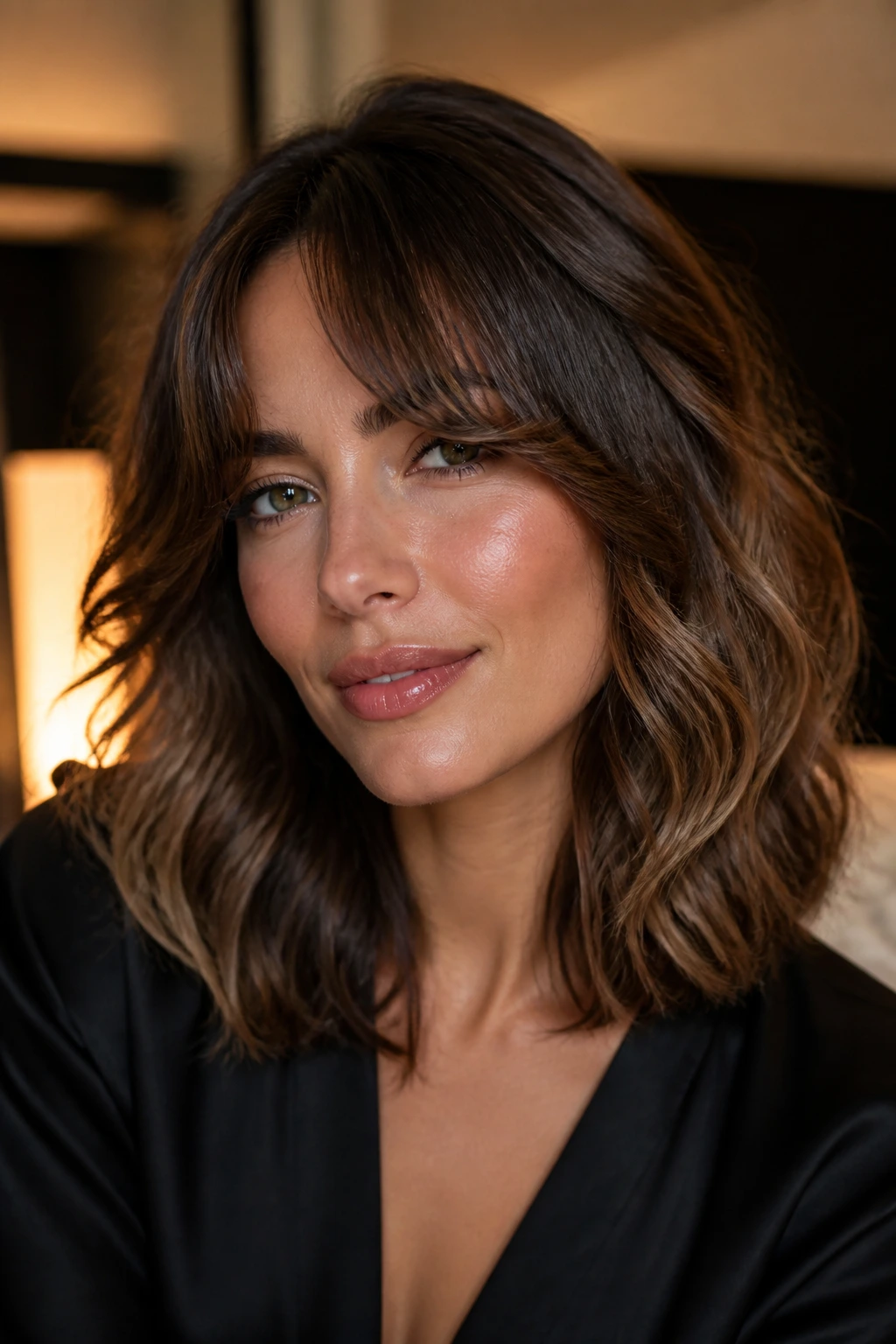 Portrait of a woman with wavy curtain bangs and a shoulder-length lob showcasing variations