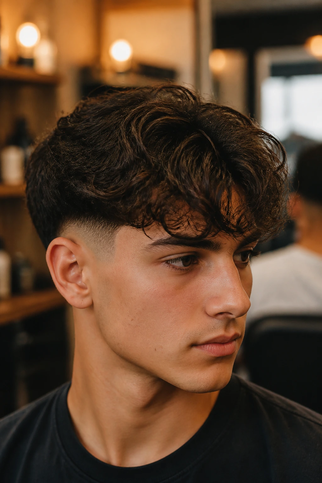 Close-up of a real person with curl-friendly curtain bangs and temple fade