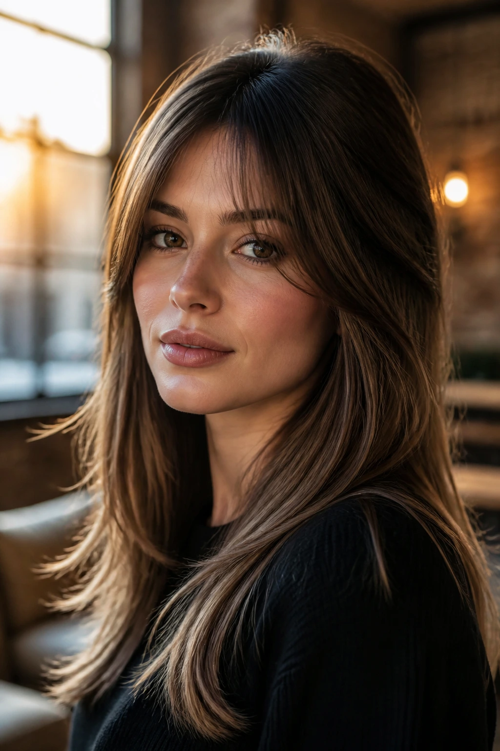 Portrait of a real woman with curtain bangs and volume in an urban loft