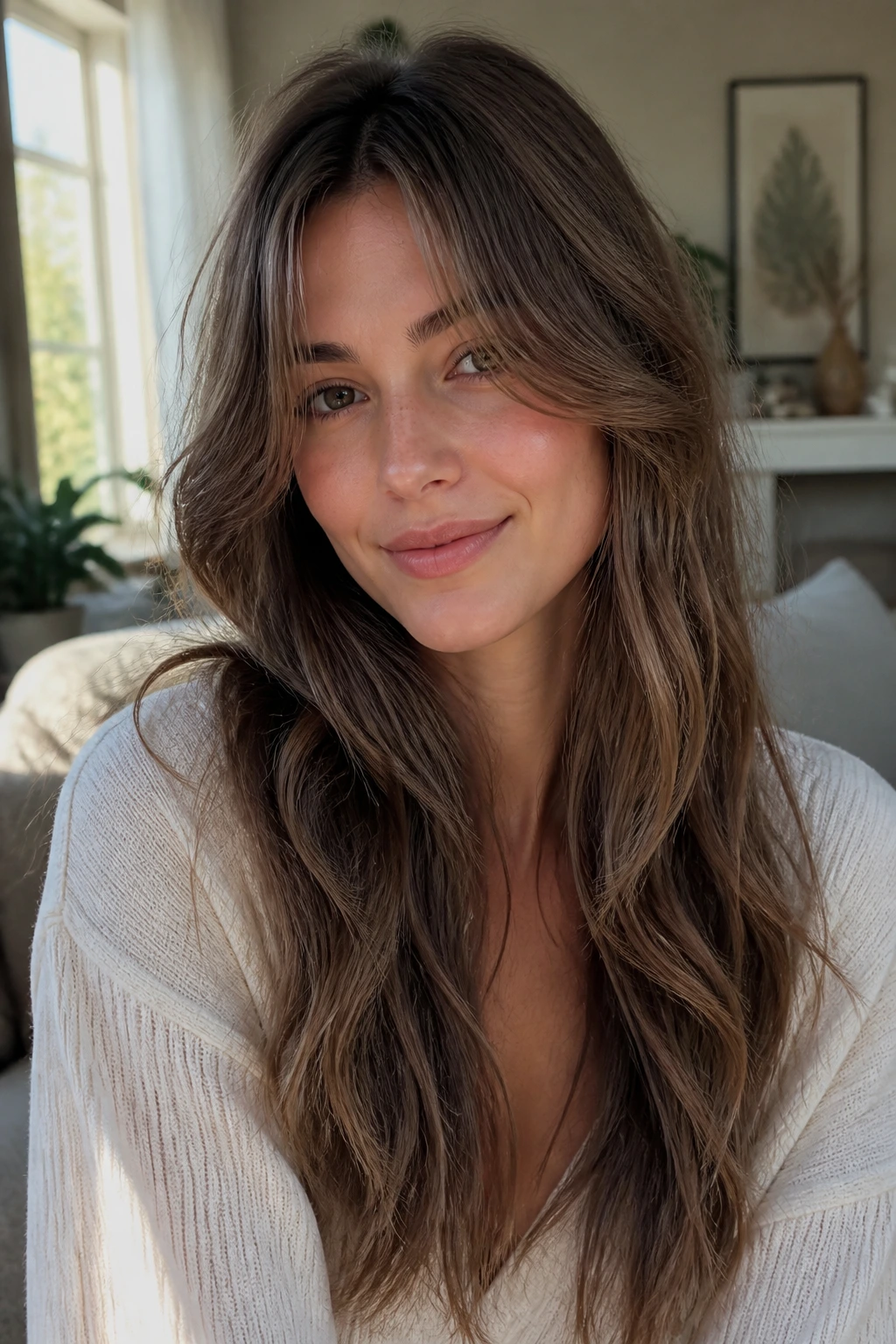 Portrait of curtain bangs showing variation in styling