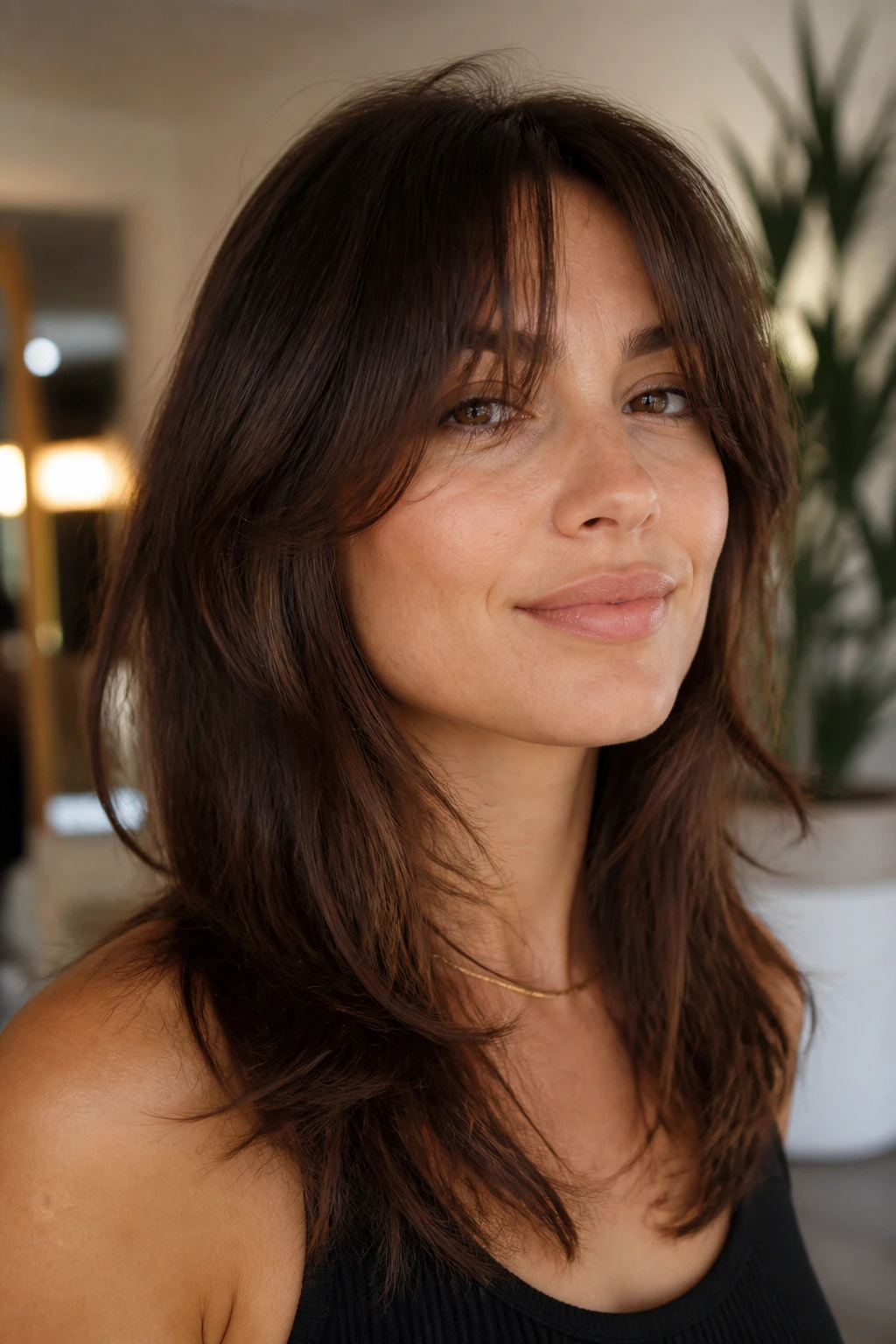 Real woman with varied curtain bangs showing a soft shag blend