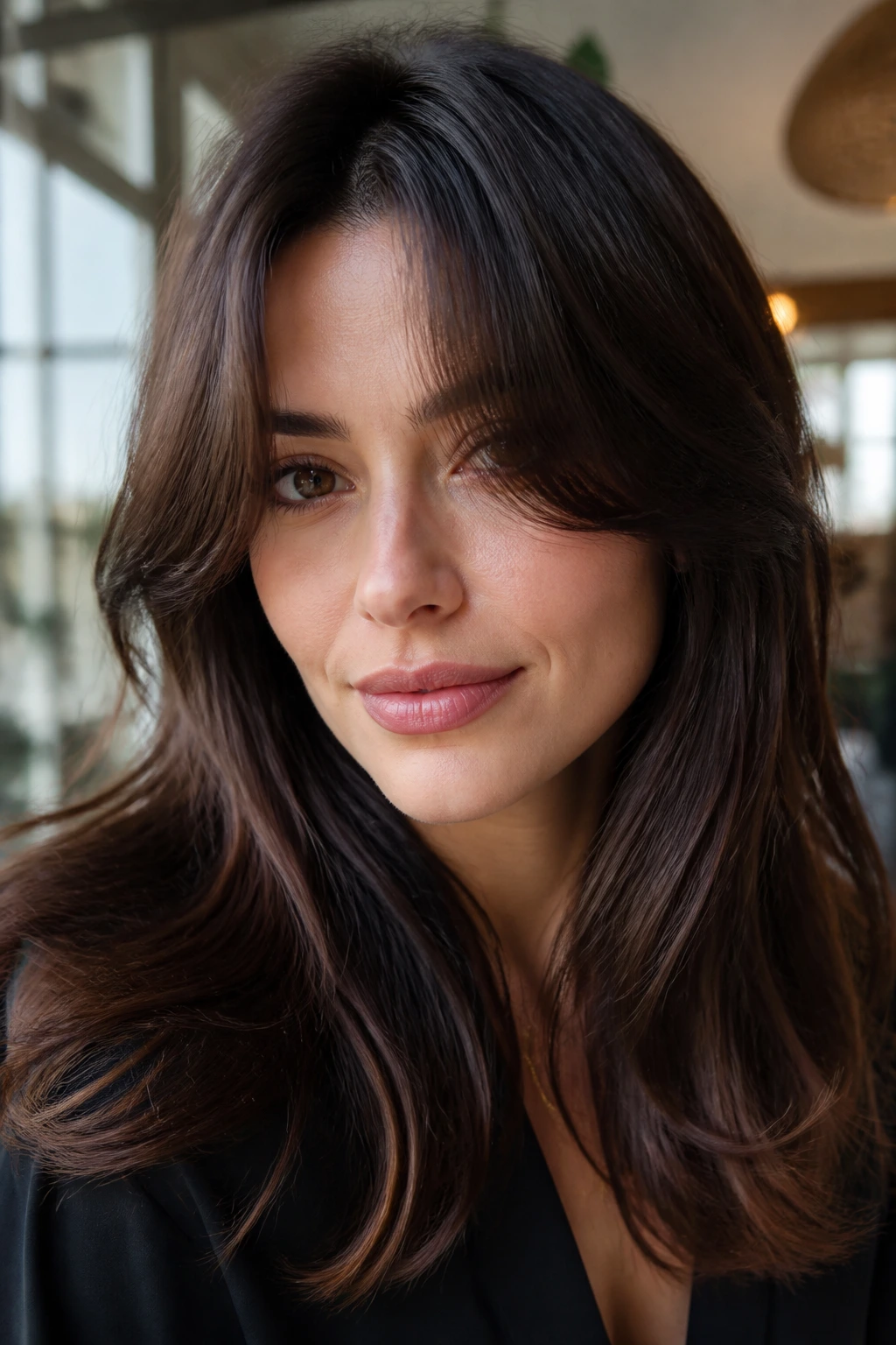 Close-up of a real woman with curtain bangs showing volume at the roots and soft face-framing corners
