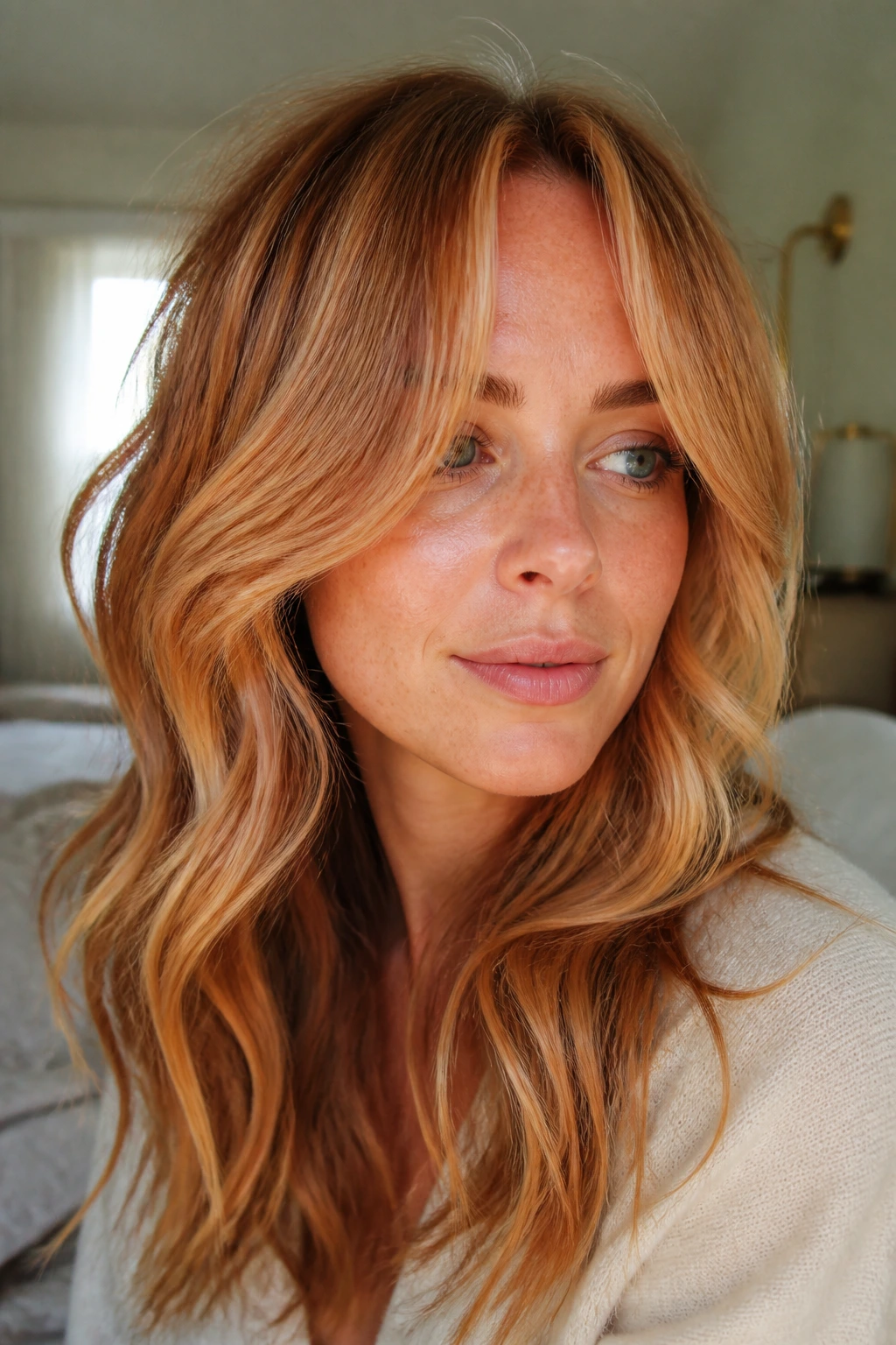Close-up of a real person with curtain bangs and warm ribbon highlights.