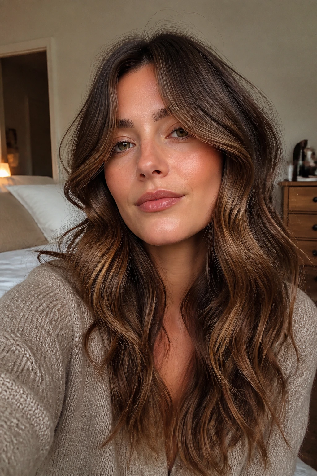 Real person with curtain bangs and center-part waves in soft ambient light