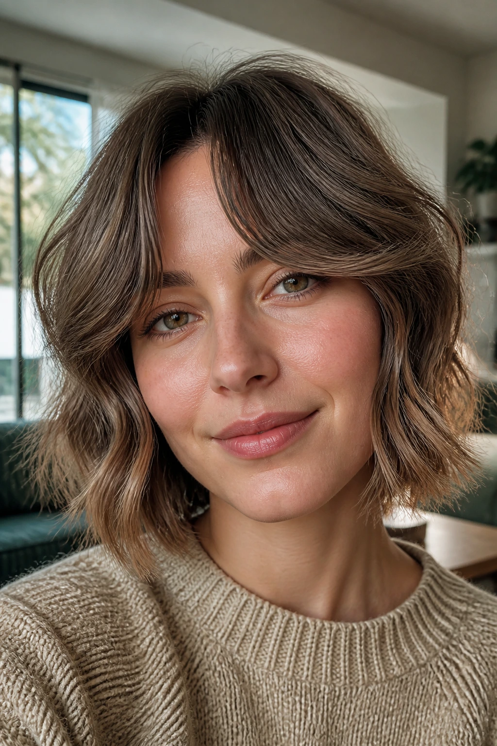 Portrait of a woman with curtain bangs and soft waves