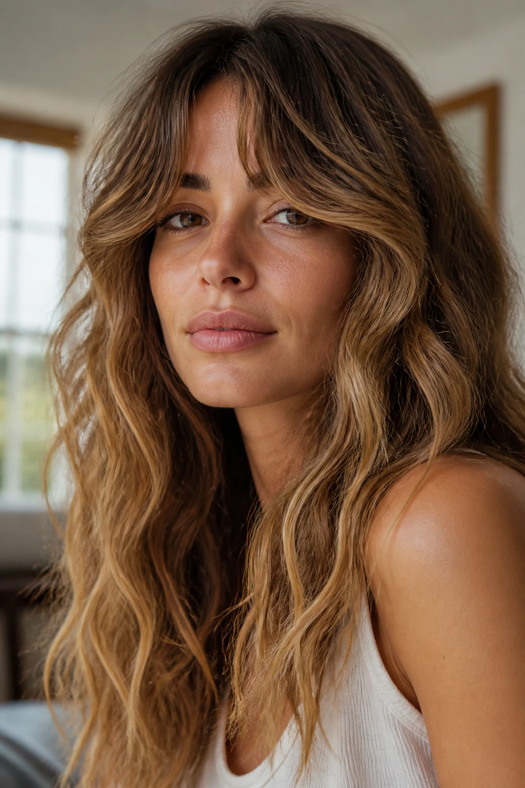 Real woman with curtain bangs and beach waves
