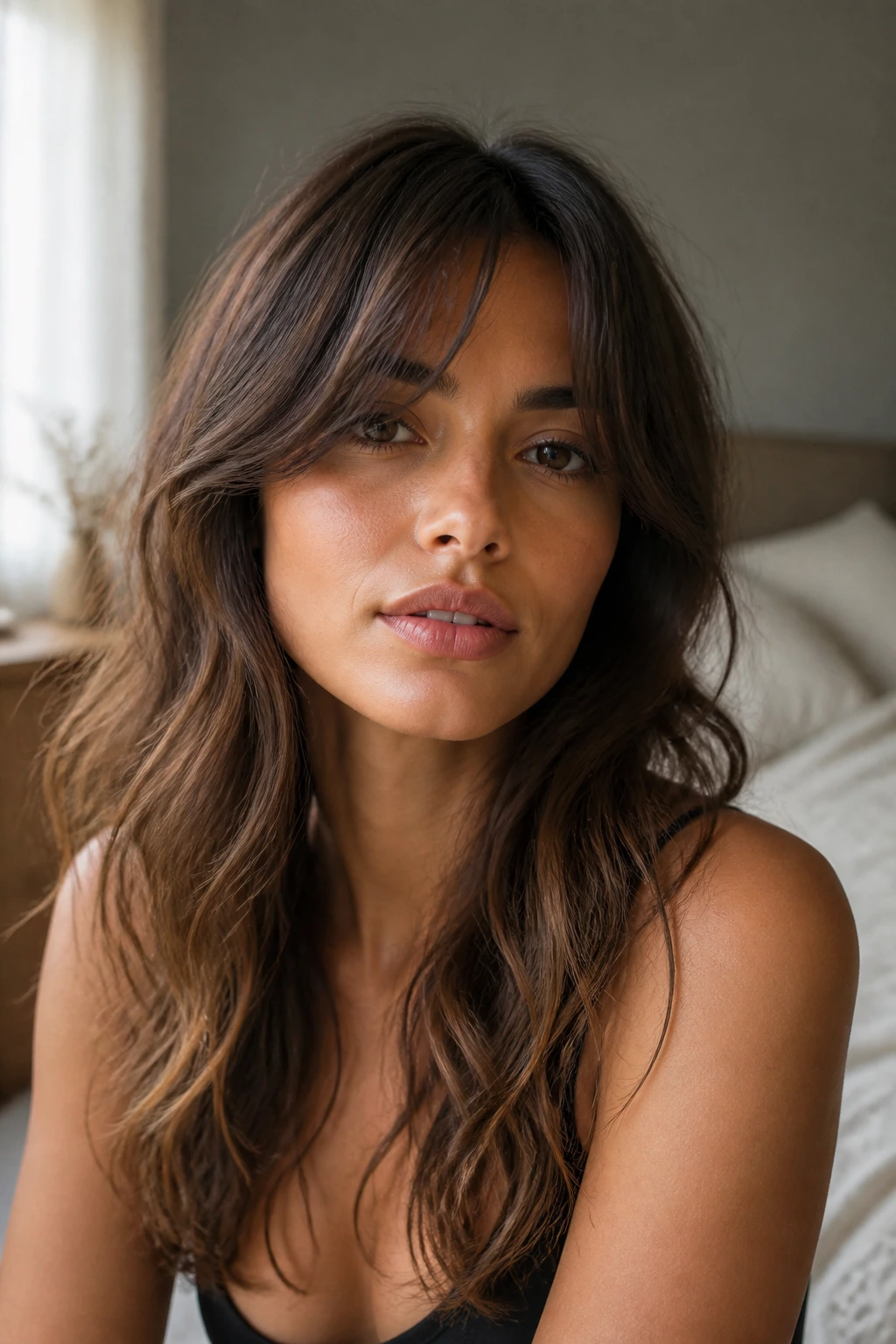 Real woman with curtain bangs and loose waves in a softly lit bedroom