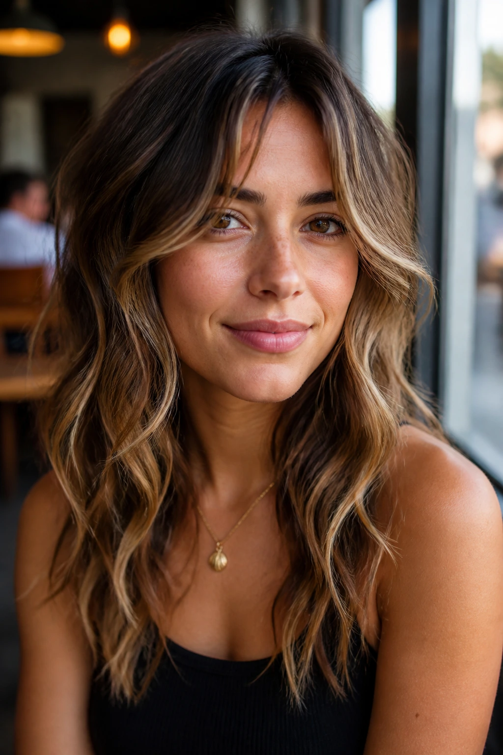 Close-up of a real woman with curtain bangs and piecey face-framing waves in cafe light