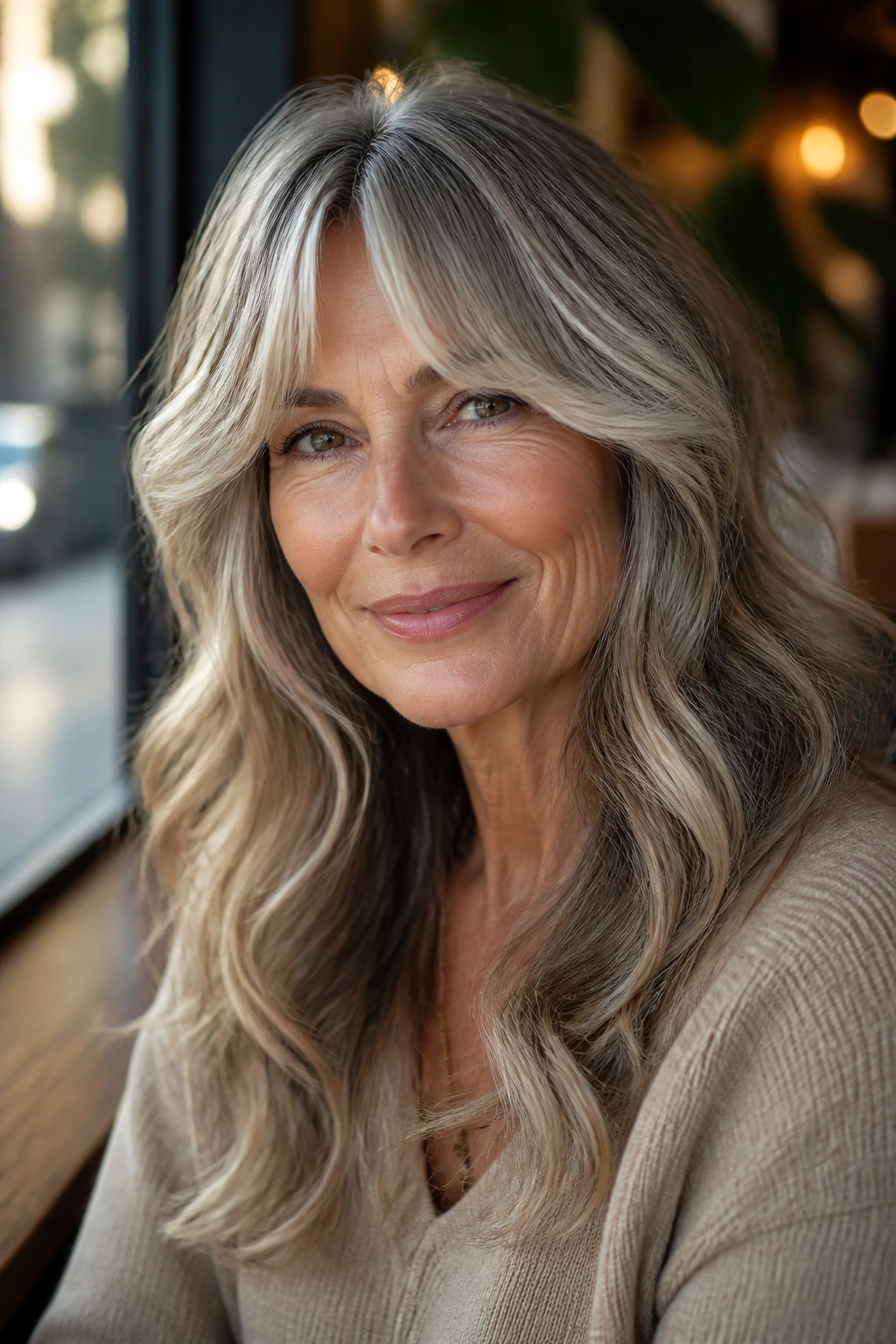 Older woman with curtain bangs blending into loose waves.
