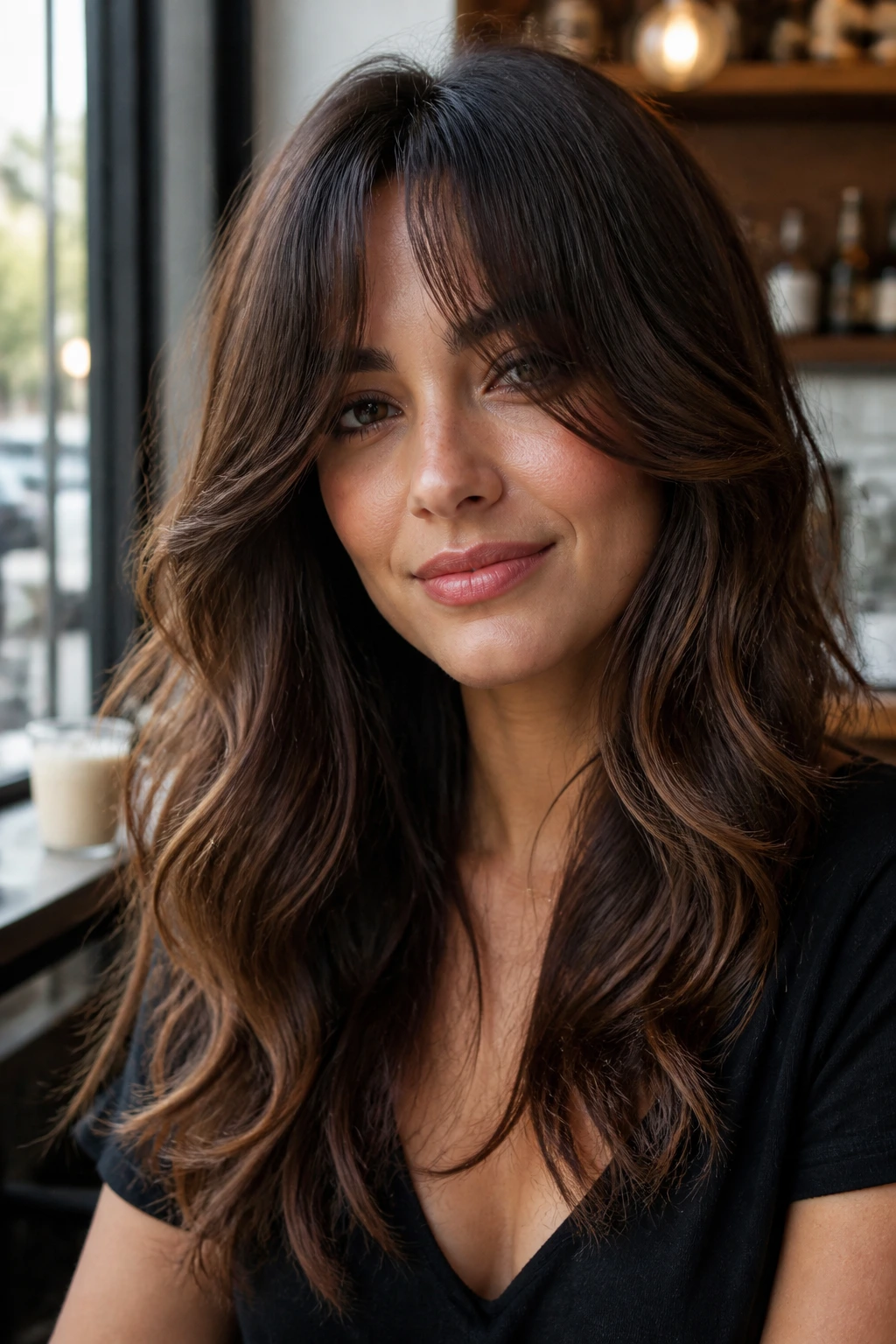 Portrait of a real woman with curtain bangs and long waves framing her face