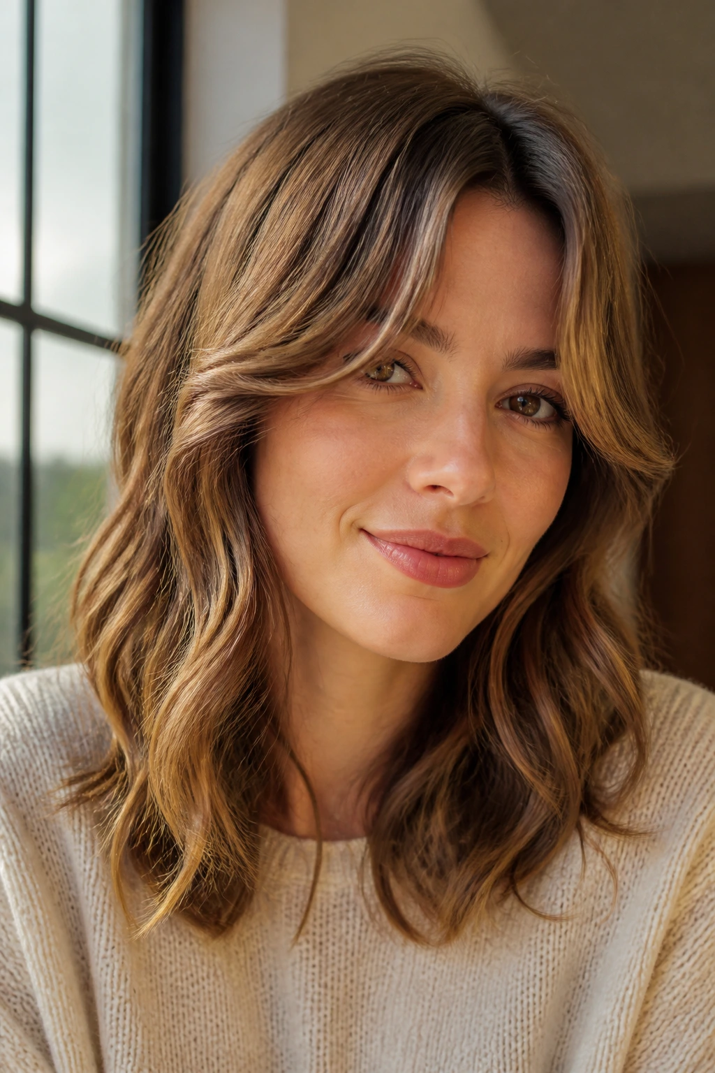 Portrait of a woman with curtain bangs and loose mid-length waves