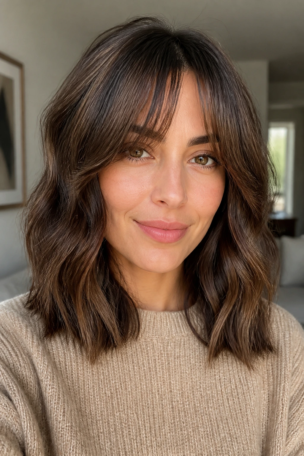 Portrait of a woman with curtain bangs and shoulder-grazing waves