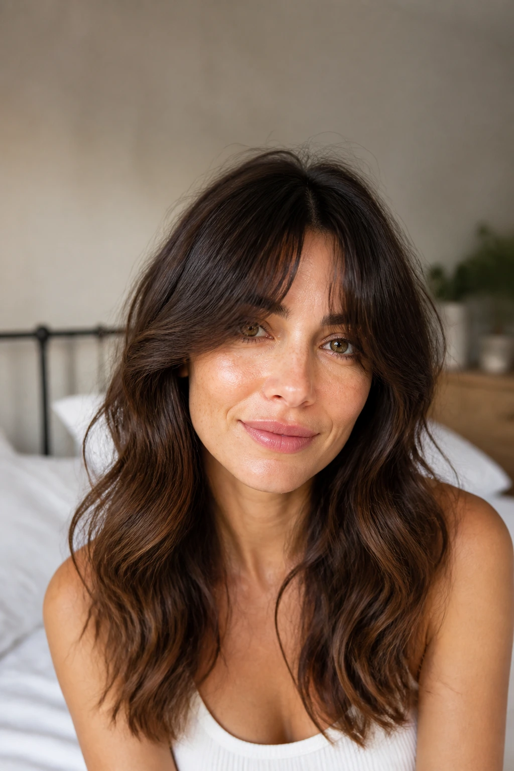 Close-up of a real woman with curtain bangs and loose waves
