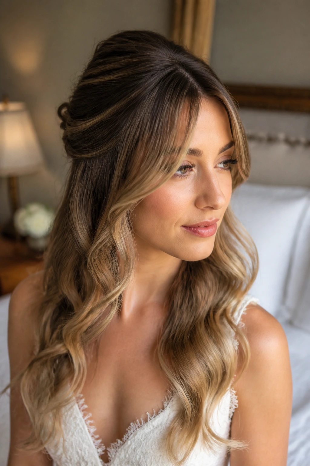Close-up of a real bride with curtain bangs and soft bridal waves, half-up styling behind bangs.