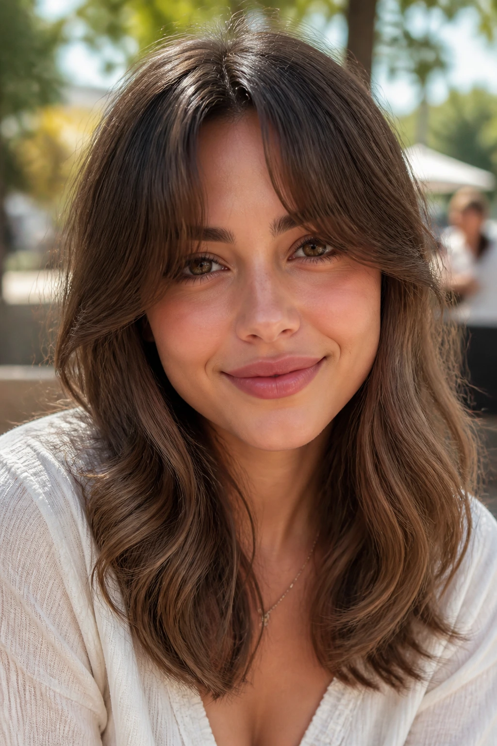 Portrait of a person with curtain bangs and soft mid-length waves