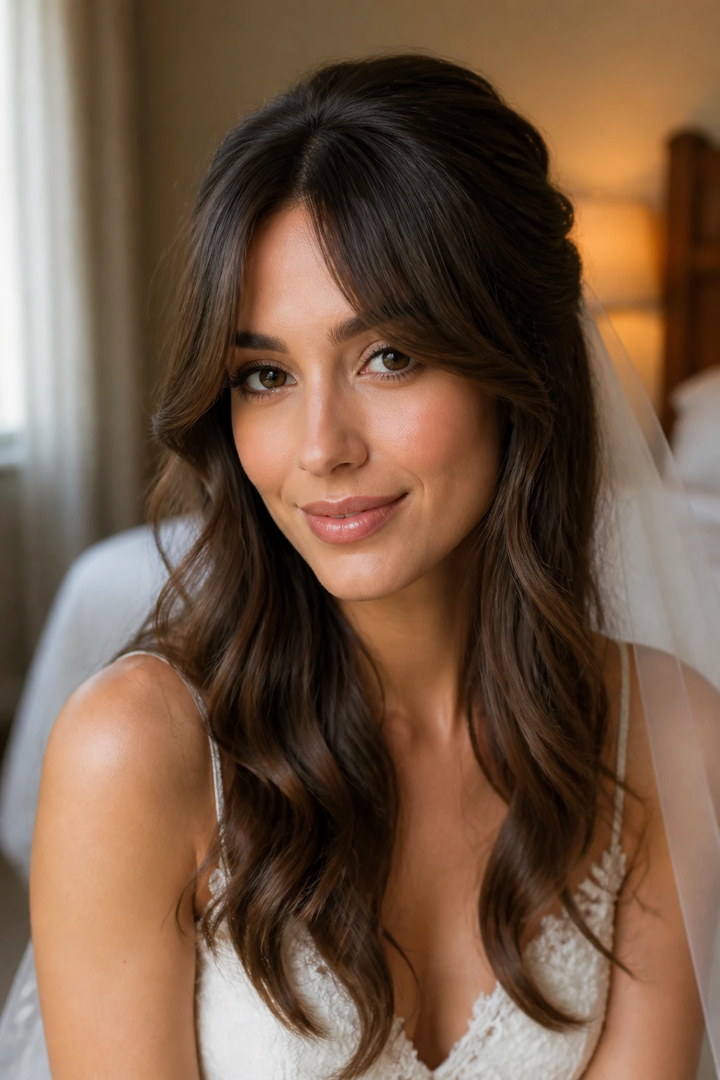 Bride with curtain bangs and loose bridal waves.