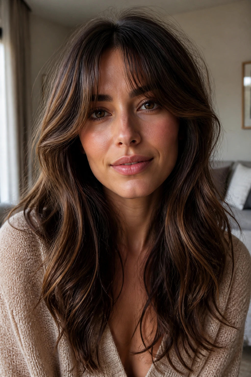 Real woman with curtain bangs and airy wave movement on long thick hair