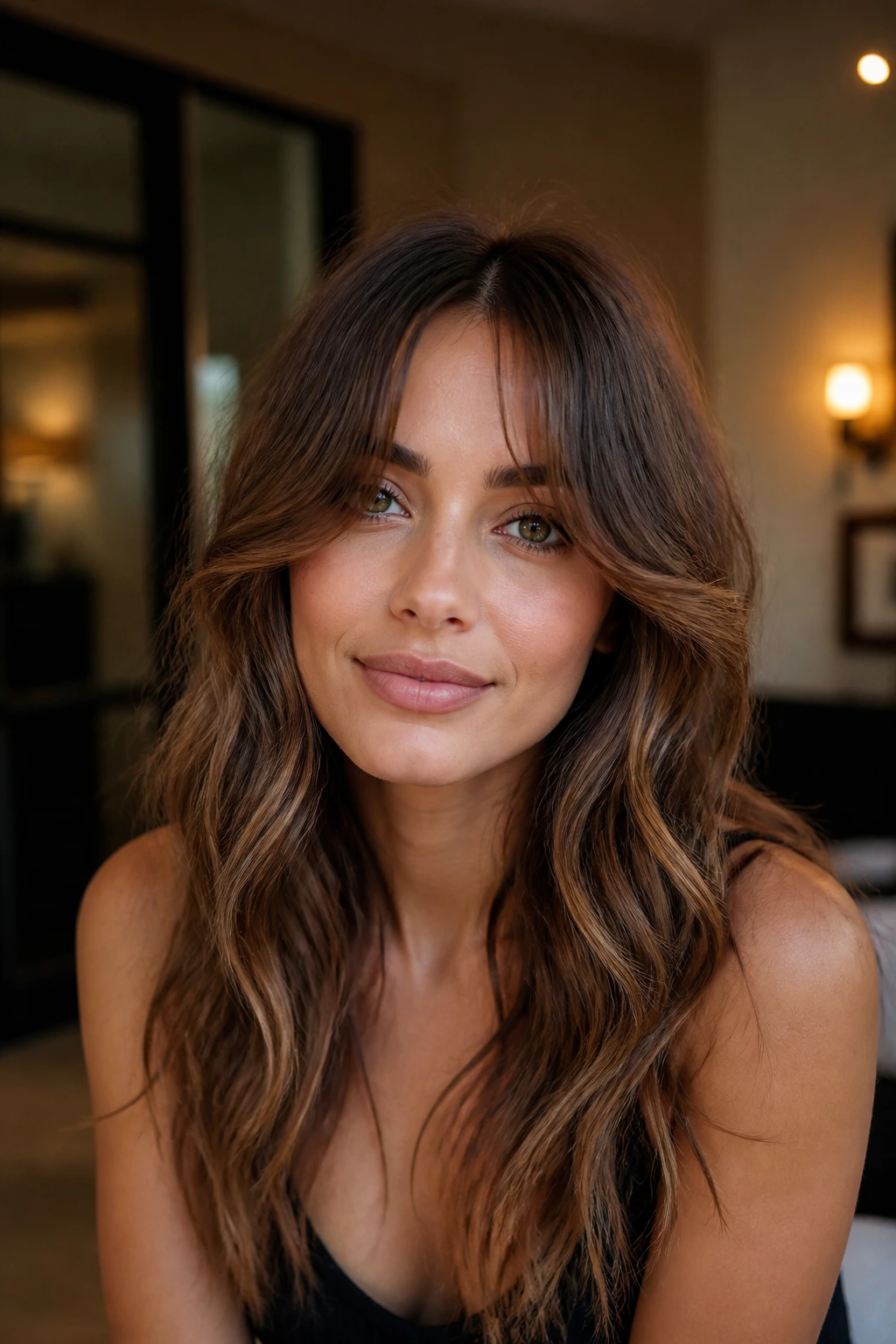 Close-up of curtain bangs with face-framing waves on a real person