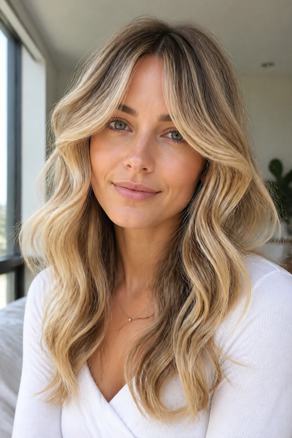 Close-up of a real woman with curtain bangs blending into soft side waves