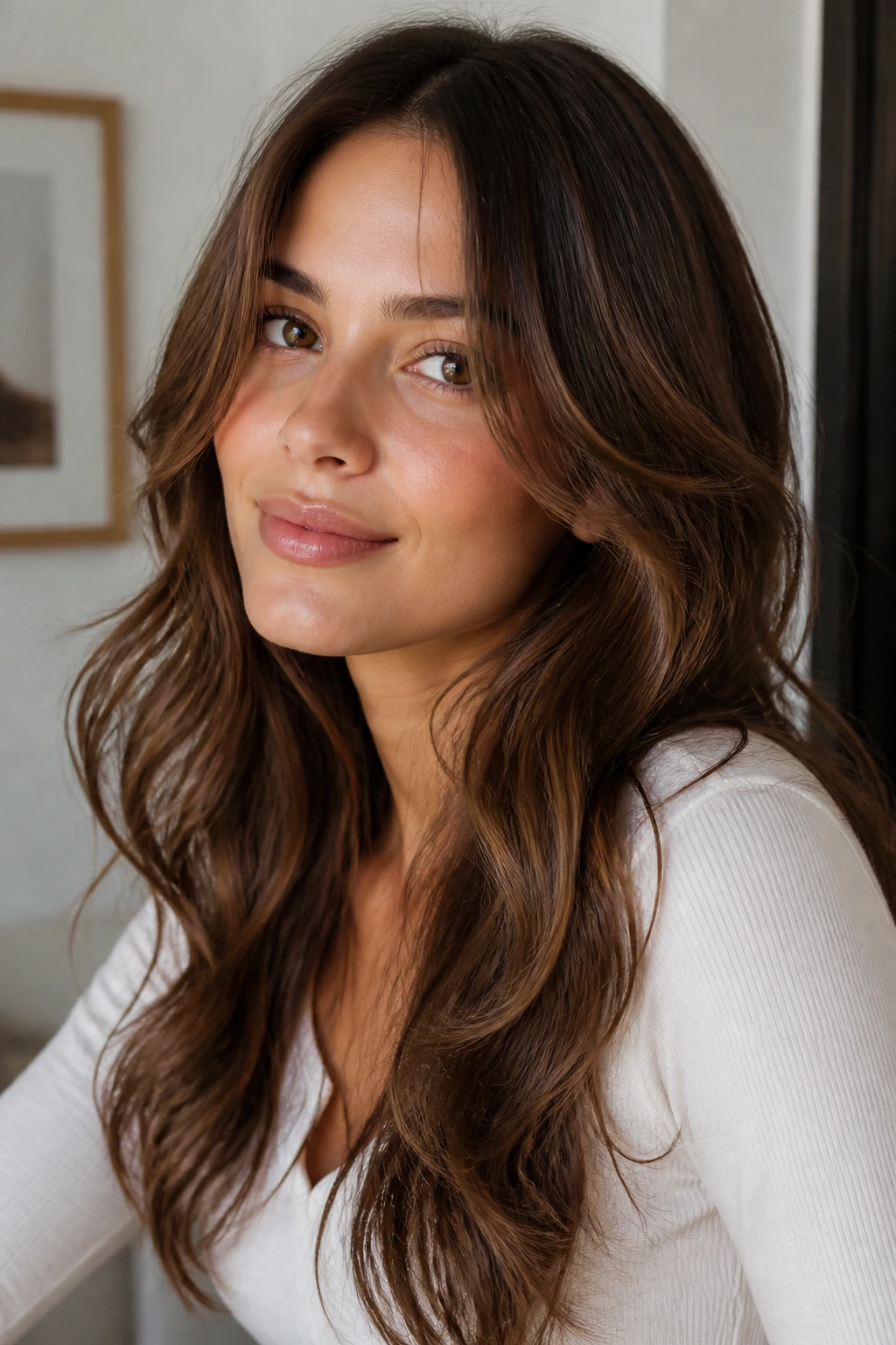 Real woman with curtain bangs and long layered waves