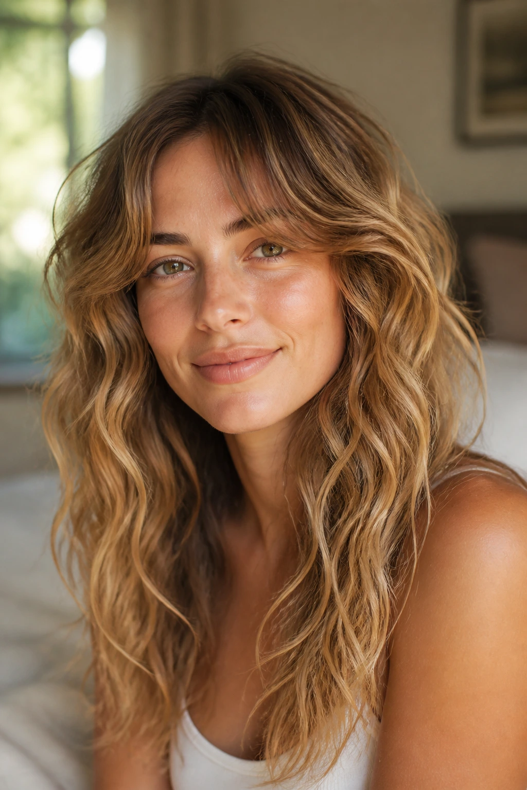 Close-up of a real woman with curtain bangs blending into beachy waves in a sunlit bedroom