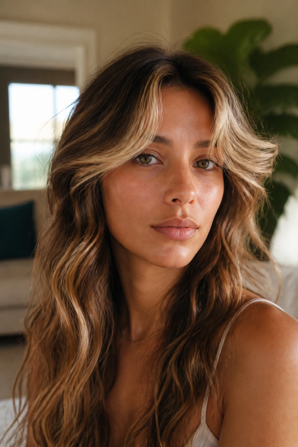 Close-up portrait of a real woman with Curtain-Bang Waves featuring forward-blown bangs and soft waves