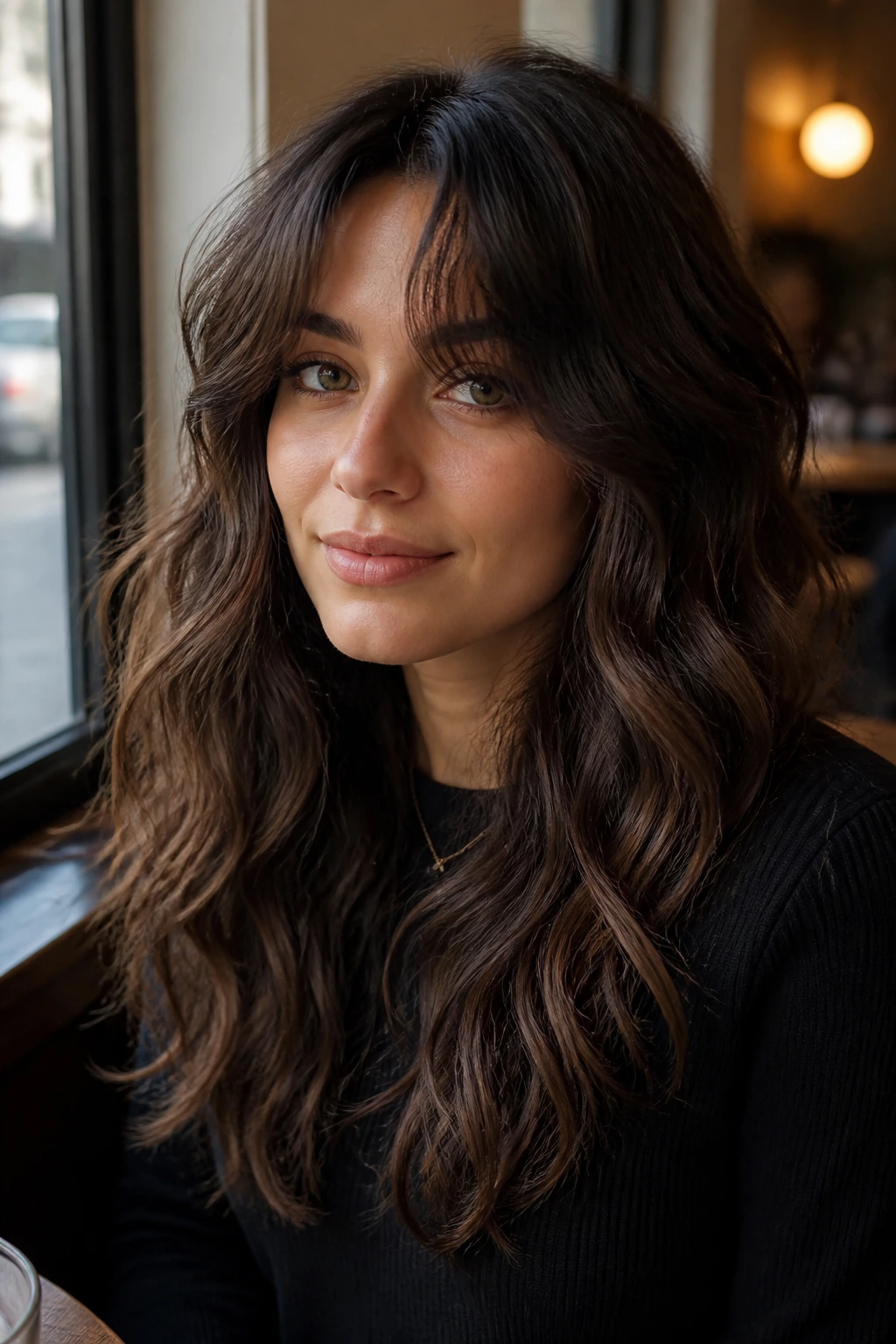 Close-up of a real woman with curtain bangs melting into thick waves