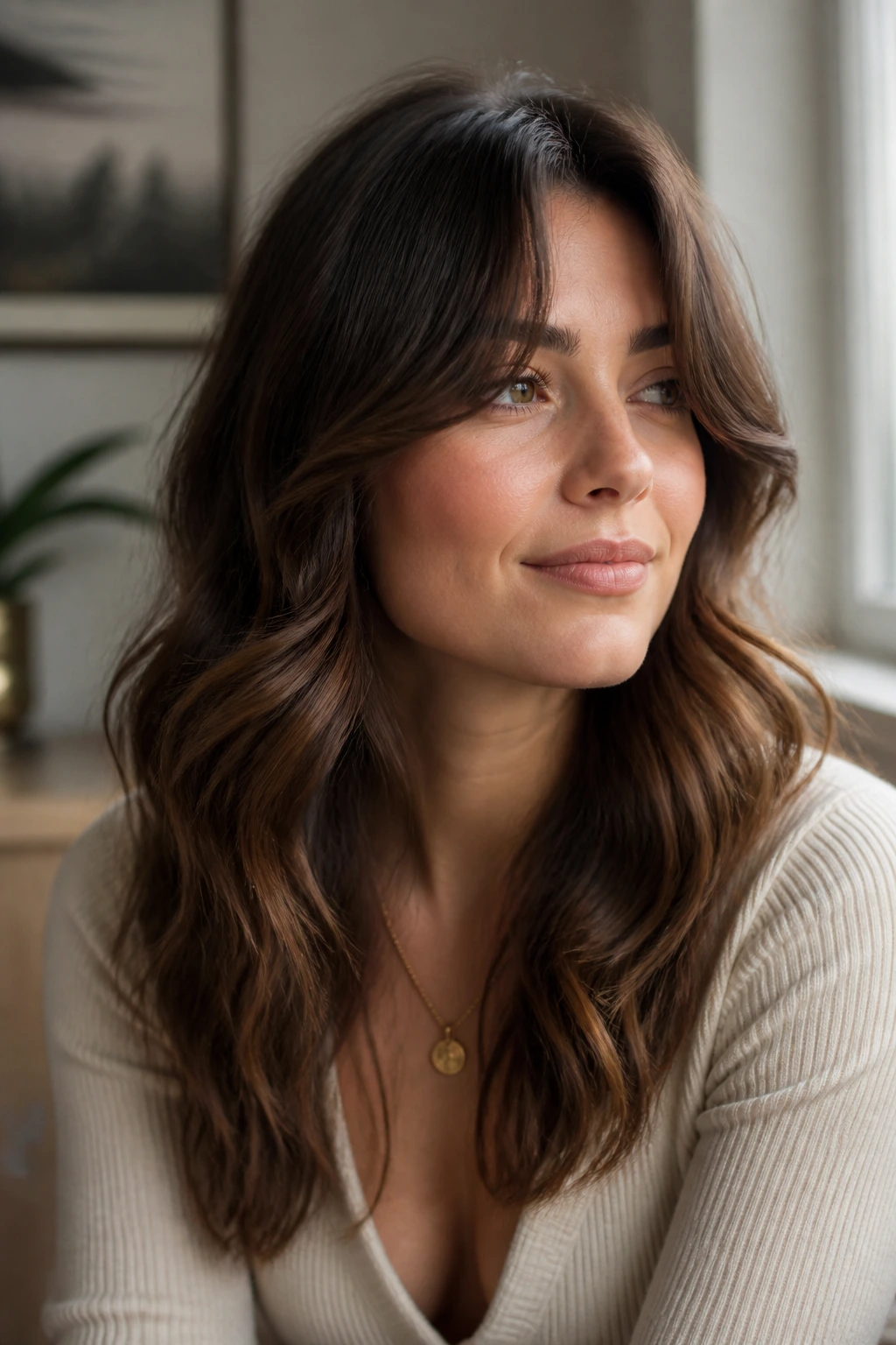 Close-up of a real woman with curtain bang waves framing the face.