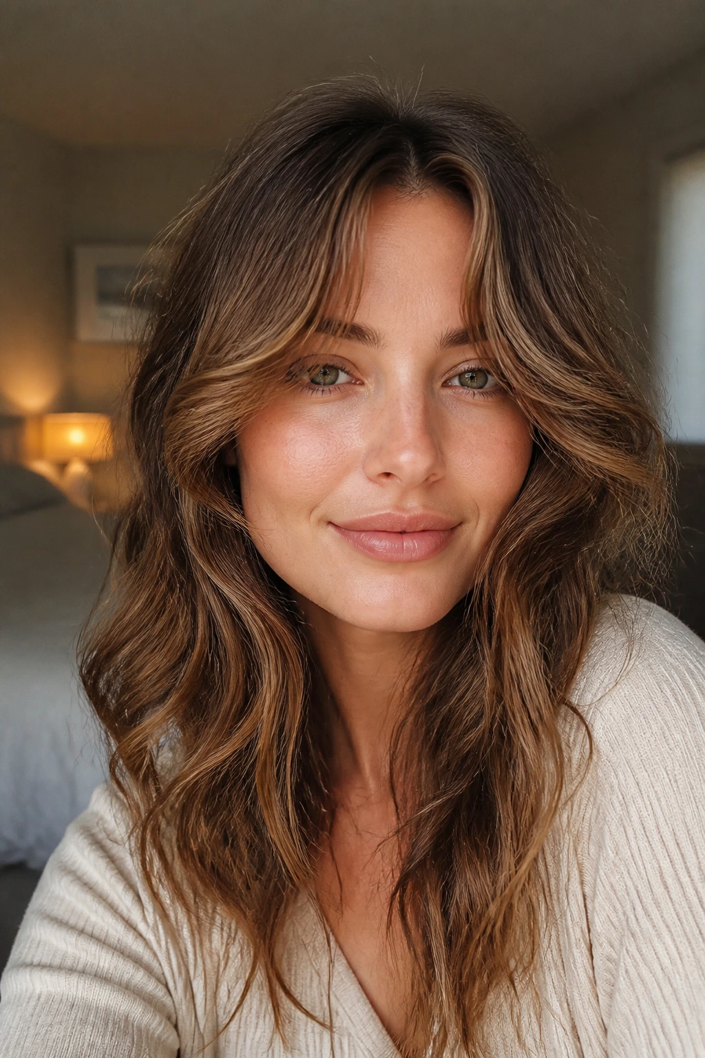 Close-up portrait of a woman with soft wavy curtain bangs in natural window light