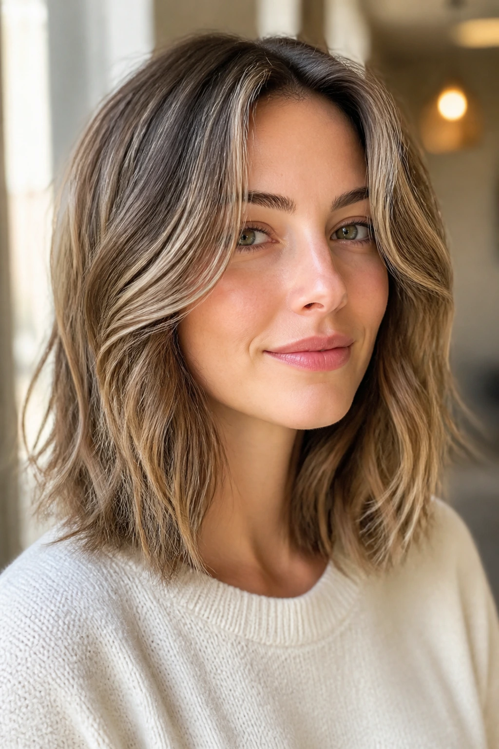 Close-up of curtain bangs with waves brushing the cheeks