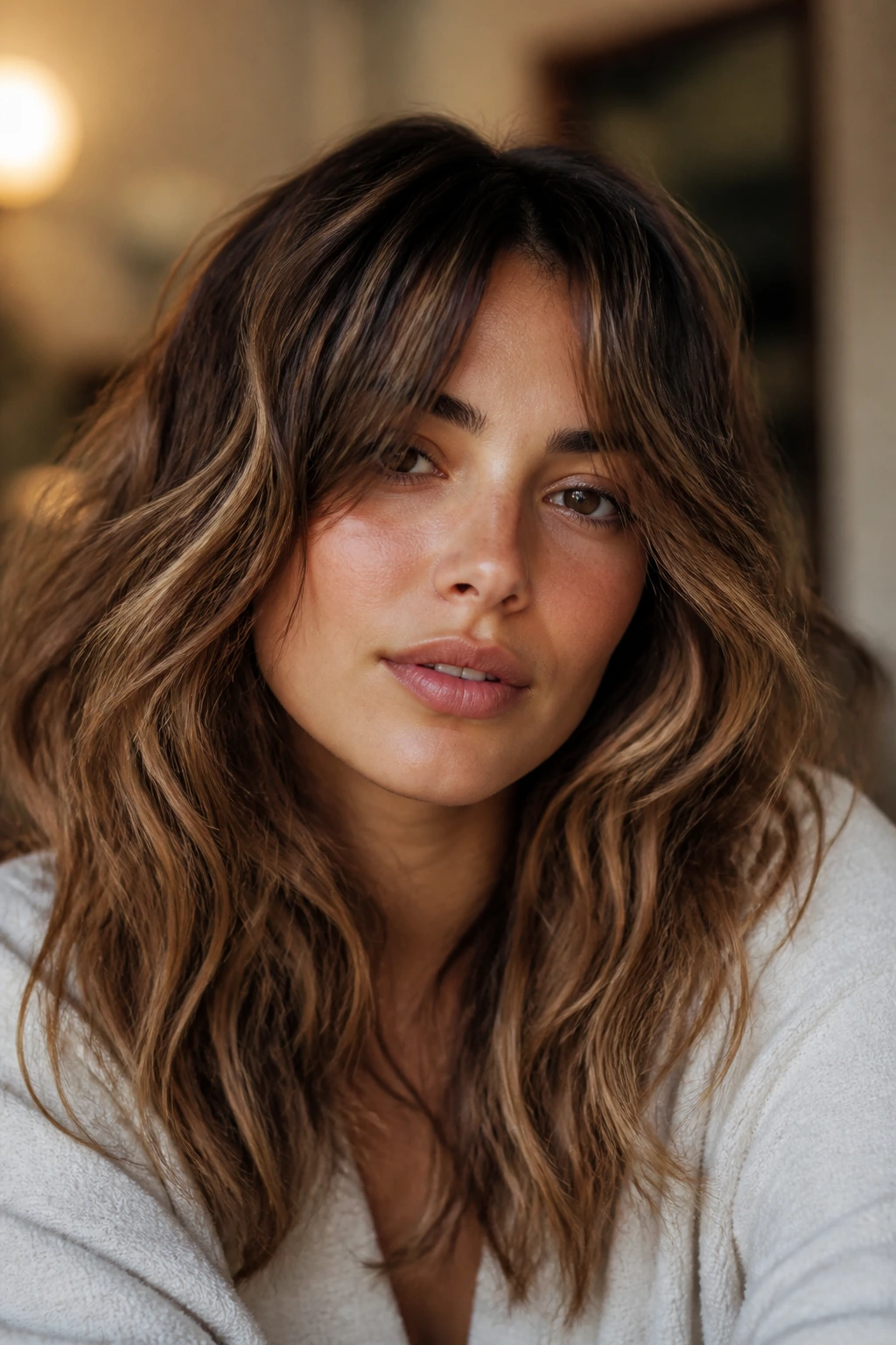 Portrait showing curtain bangs with waves and center opening