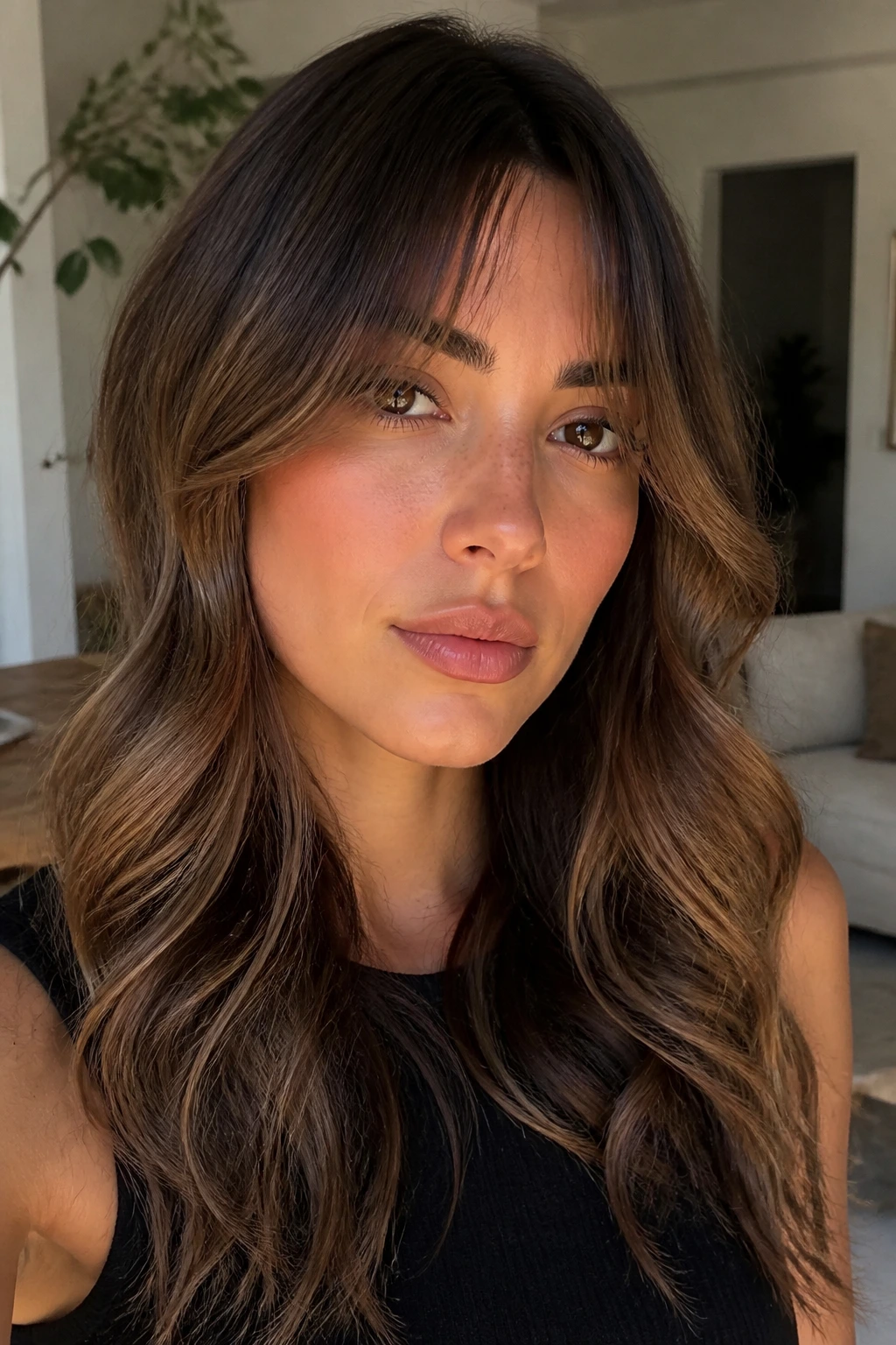 Portrait of woman with soft curtain bangs and loose S-waves