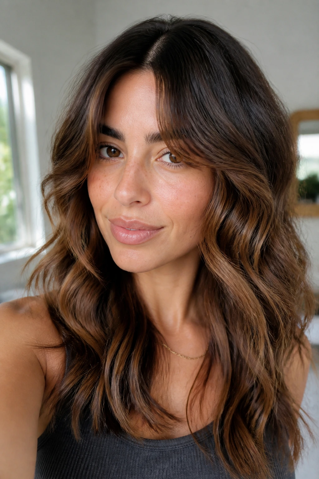 Real woman with curtain bangs and loose waves