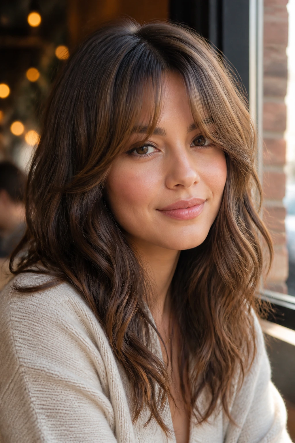Close-up of a real woman with curtain bangs and soft waves framing her face