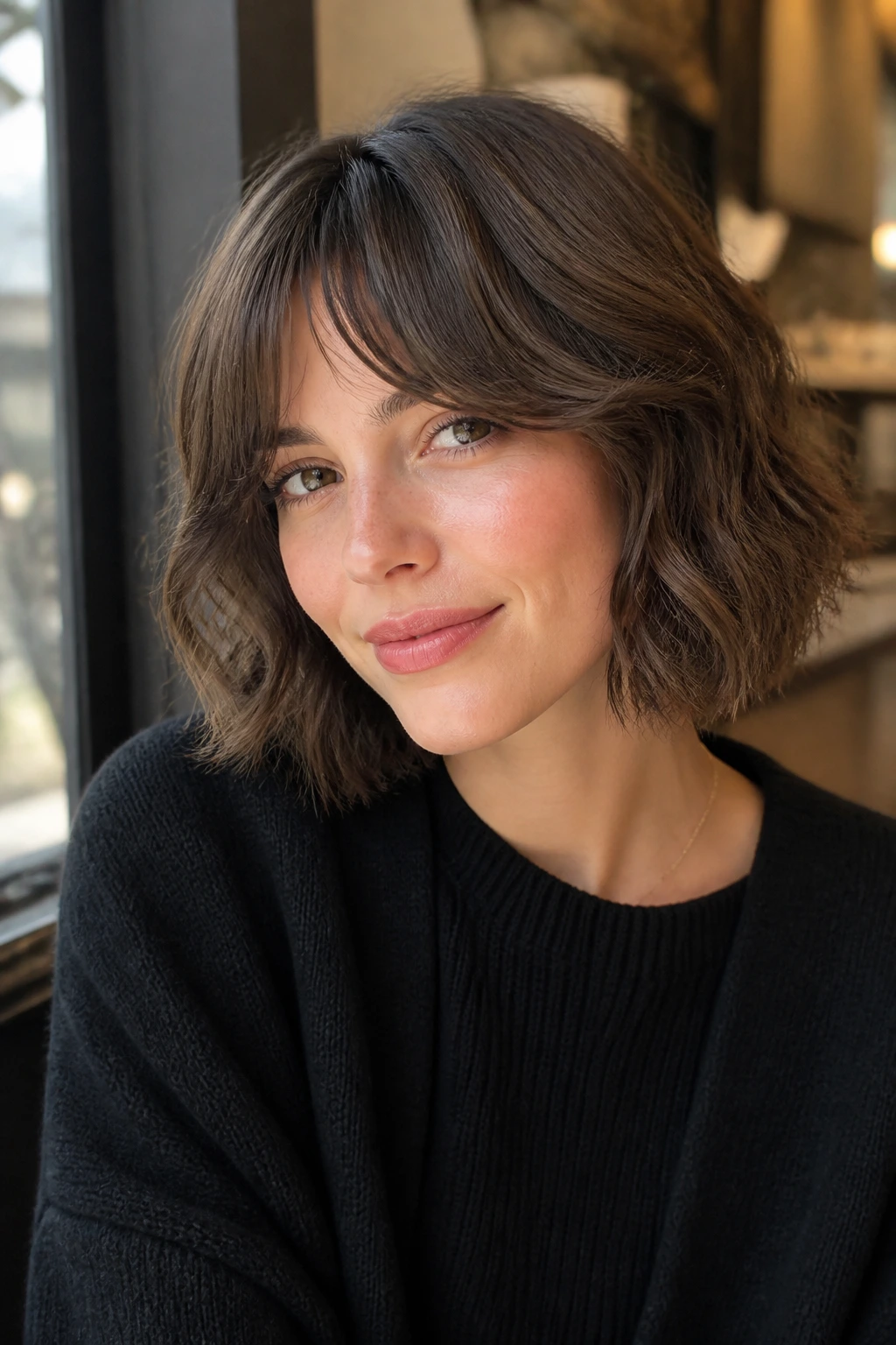 Close-up of a real woman with curtain bangs and a loose wavy bob