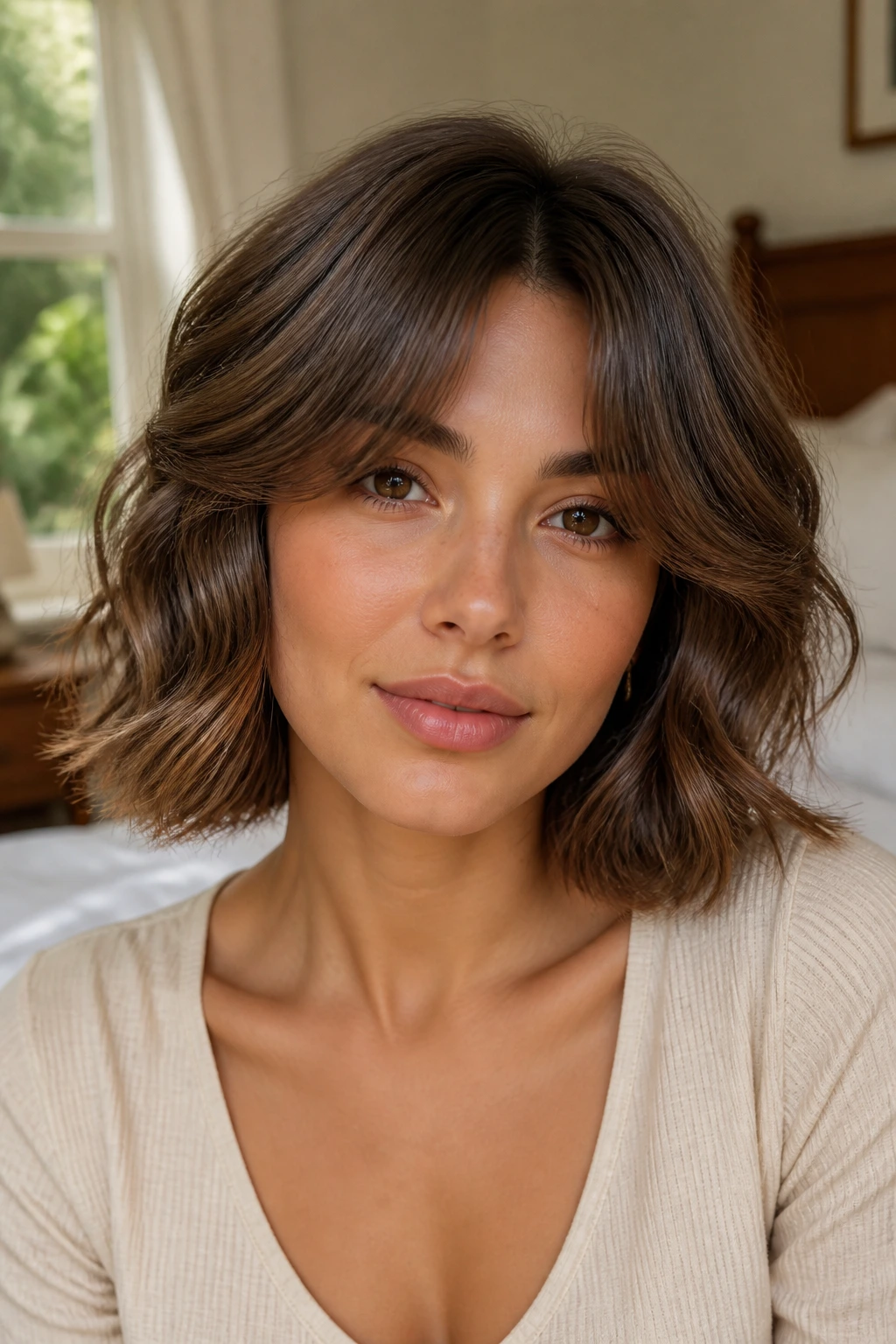 Close-up of a real woman with curtain bangs and a wavy bob in warm window light